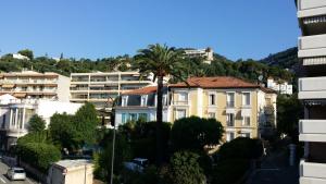 a view of a city with a palm tree and buildings at Hotel Marcellin in Beaulieu-sur-Mer