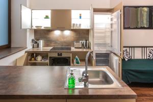 a kitchen with a sink with a green bottle in it at Modern family apt. with Central Square entrance in Hradec Králové
