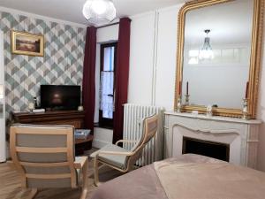 uma sala de estar com lareira e espelho em Au Julliard em Aix-les-Bains