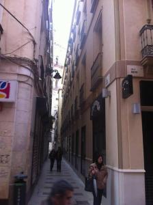 une femme marchant dans une rue entre deux bâtiments dans l'établissement Apartamento Centro Historico, à Malaga