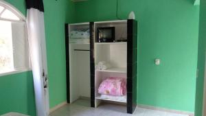 a room with green walls and a shelf with a mirror at Recanto das Águas in Brejetuba