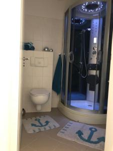 a bathroom with a shower and a toilet and rug at International in Bad Harzburg +12 photos