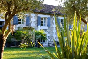 una casa con persianas azules y plantas en el patio en Le Chai de Villiers en Villiers