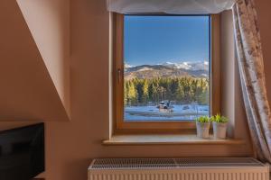 une fenêtre avec vue sur une montagne enneigée dans l'établissement U Dudy, à Kościelisko