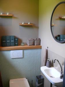 a bathroom with a sink and a toilet and a mirror at J in Kreuztal