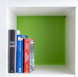 eine Gruppe von Büchern auf einem Regal in der Unterkunft Il Sopracciglio Suites - Pink Apartment in Cassino