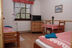 a bedroom with two beds and a table and a television at Ubytování U Rohelů in Karlova Studánka