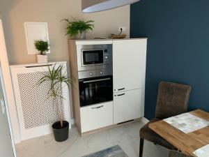 巴特諾因阿爾－阿爾韋勒的住宿－Ferienwohnungen am Klosterberg，厨房配有带微波炉的白色橱柜