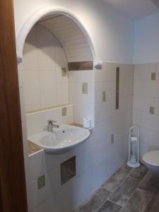 a bathroom with a sink and a toilet at Biohof Sattler in Etmissl