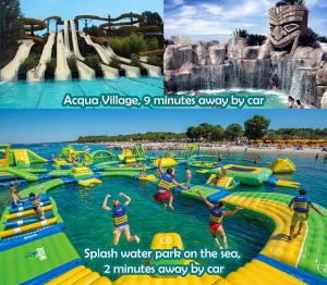 a collage of two pictures of a water park at Villa Eucalipti in Scarlino