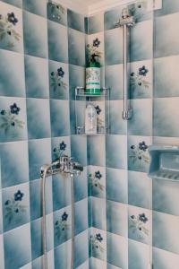 une salle de bain avec douche aux carreaux bleus et blancs dans l'établissement BEST HOUSE, DECK APRTM., OLD PORT OF PATRAS, à Patras