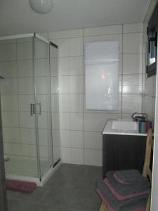 a bathroom with a shower and a sink at Chambres d'hôtes La Luce in Démuin