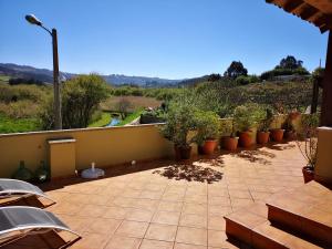 a patio with potted plants on a balcony at Playa de Barrañan in Arteixo