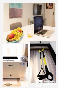 a collage of pictures with a laptop and a plate of fruit at Nikis Dream Luxury Apartments in Chania Town