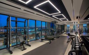 a gym with cardio equipment and a view of the city at Movenpick Diyarbakir in Diyarbakır