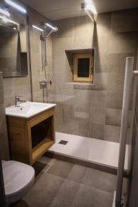 La salle de bains est pourvue d'une douche, d'un lavabo et de toilettes. dans l'établissement Auberge Les Tilleuls, à Saint-Jorioz