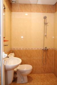 y baño con aseo, lavabo y ducha. en Hotel Color, en Asenovgrad