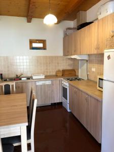 a kitchen with wooden cabinets and a white refrigerator at Tisza-Kert Vendégház -Tisza-Kert Vendégház II in Tiszafüred