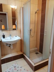 a bathroom with a shower and a sink at Apollo Vendégház in Edelény +47 photos