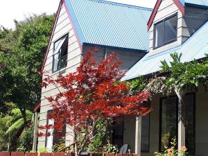uma casa com uma árvore vermelha em frente em Rangaroa Heights em Taumarunui