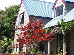 a house with a red tree in front of it at Rangaroa Heights in Taumarunui