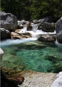 una corriente de agua en un río con rocas en Corté Centre Corse, en Corte