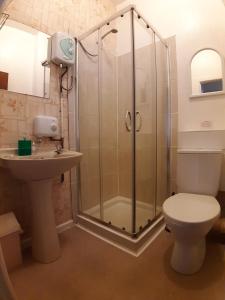 a bathroom with a shower and a toilet and a sink at Rosemede Holiday Flats in Blackpool