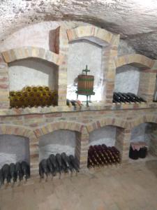Égkőris Vendégház في Bakonyszücs: غرفة مع موقد حجري مع زجاجات النبيذ