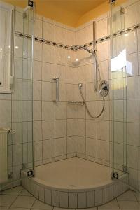 a shower with a glass door in a bathroom at Hotel zur Schwaben-Schänke in Renningen