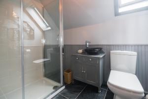 a bathroom with a shower and a toilet and a sink at The Old School House B&B in Gairloch
