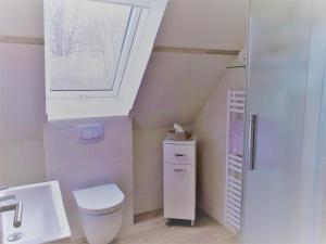 a white bathroom with a toilet and a sink at Ferienhof Christian und Antje Hopp in Fehmarn +21 photos