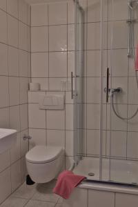 a bathroom with a toilet and a glass shower at Ilvericher Hof in Meerbusch