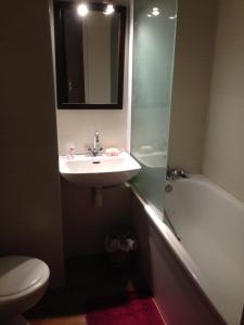 ein Badezimmer mit einem Waschbecken, einem WC und einem Spiegel in der Unterkunft Studio 4 pers vue magnifique 100m des pistes in Ax-les-Thermes