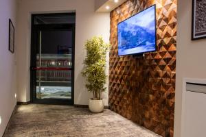 a television on a brick wall with two potted plants at Lifestyle Room Binario Zero in Tirano