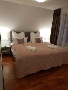 1 dormitorio con 1 cama grande y 2 lámparas en Oberwaldhaus, en Darmstadt