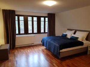 a bedroom with a bed and a large window at Oberwaldhaus in Darmstadt