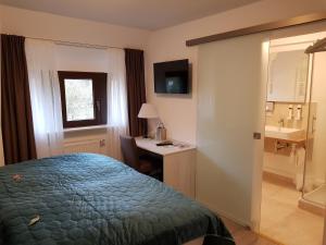 ein Hotelzimmer mit einem Bett und einem Waschbecken in der Unterkunft Oberwaldhaus in Darmstadt