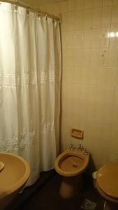 y baño con aseo y cortina de ducha. en Temporarios Peatonal en Rosario