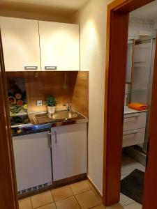 eine kleine Küche mit weißen Schränken und einem Waschbecken in der Unterkunft Wohlfühl-Apartment Bad Kissingen II in Bad Kissingen
