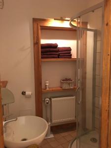 a bathroom with a shower and a tub and a sink at klusums in Liepāja