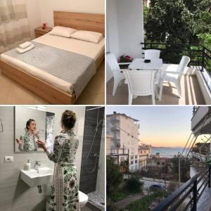 Eine Collage mit Fotos mit einer Frau in einem Kleid und einem Schlafzimmer. in der Unterkunft Kosta's Apartment in Sarandë