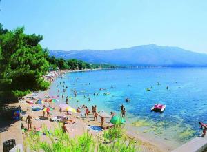 a group of people on a beach in the water at Apartman Dubravka 1 in Orebić