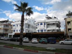 a palm tree in front of a white building at Sava Hotel in Antalya