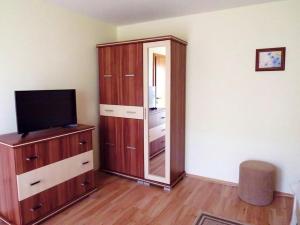 a room with a television and a dresser with a mirror at Vad-Virág Vendégház in Fertőrákos