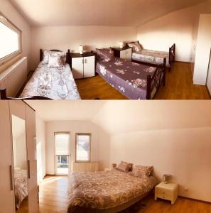 two pictures of a bedroom with two beds at Vila Ekooos in Braşov