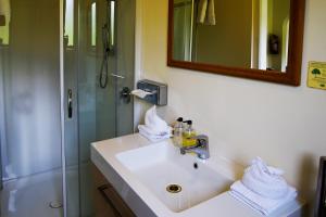 a bathroom with a sink and a shower at Greenacres Alpine Chalets & Villas in Hanmer Springs