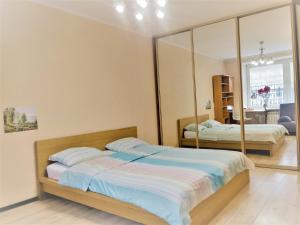 モスクワにあるIstok Apartmentsのベッドルーム1室(ベッド2台、大きな鏡付)