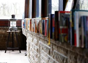 une rangée de livres sur un mur de briques dans l'établissement Inn66, à Amecke