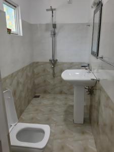 a white bathroom with a sink and a toilet at Villa 67 in Negombo