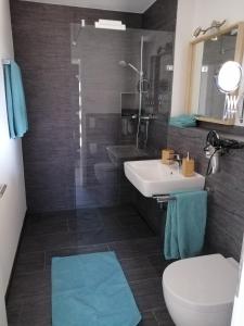 a bathroom with a sink and a toilet and a shower at Ferienwohnung Selina-Sophie in Sehringen